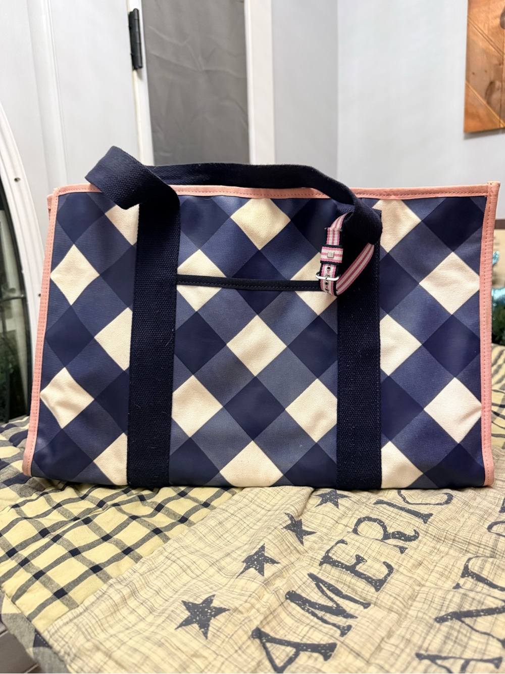 Brooks Brothers Navy Buffalo Check Gingham Canvas Tote Bag